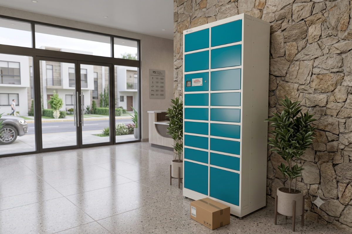 Módulo de lockers inteligentes instalado en el lobby de un edificio